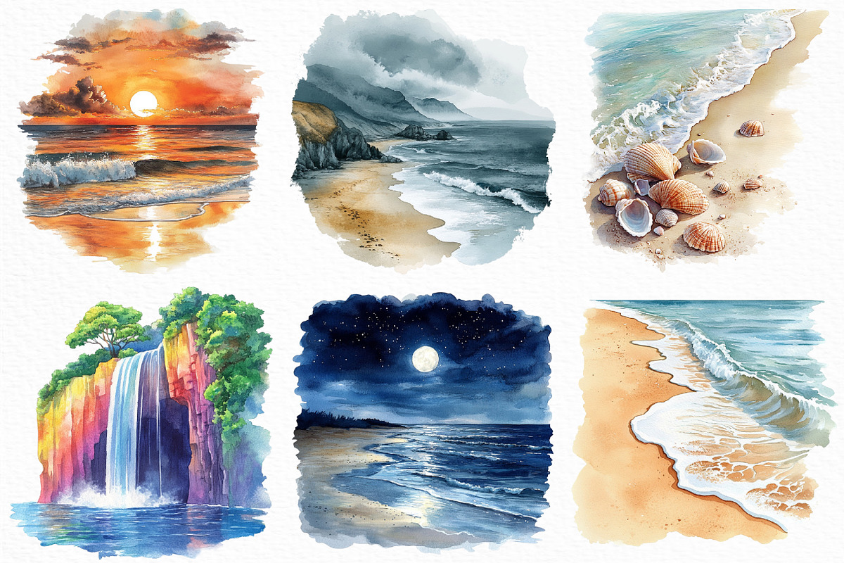 Watercolor Beach Landscape Clipart, an Illustration by Craft Nest (Photo 2 of 5)