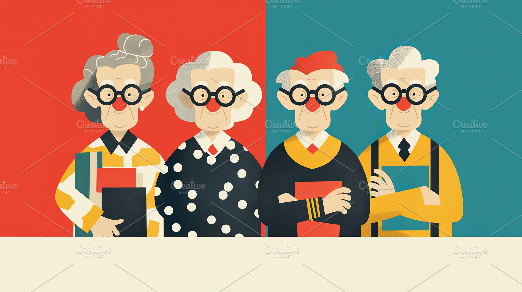 Illustrated elderly individuals holding books with colorful background, a Photo by AS photostudio