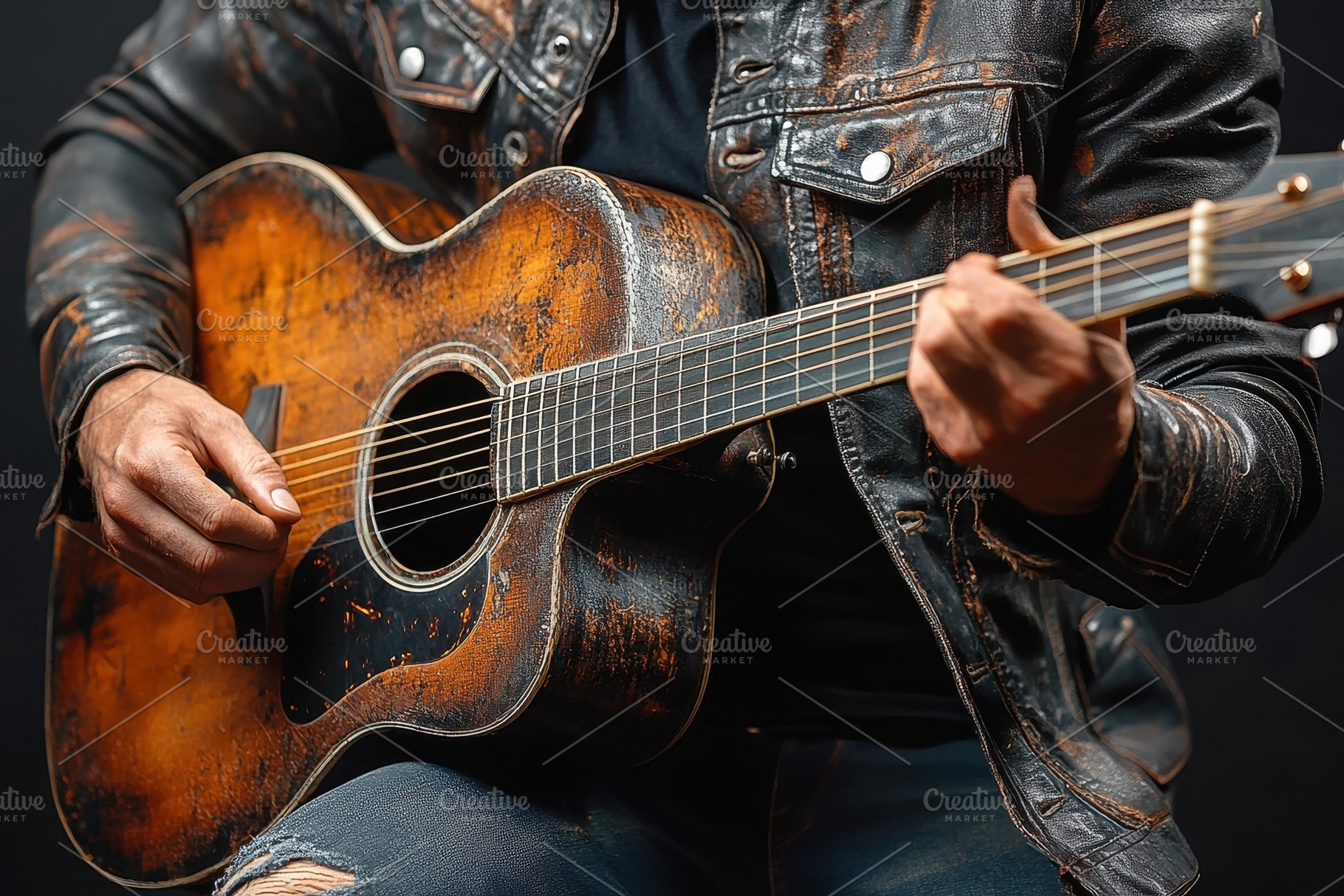 Musician plays an acoustic guitar wh, a Photo by Tanuart