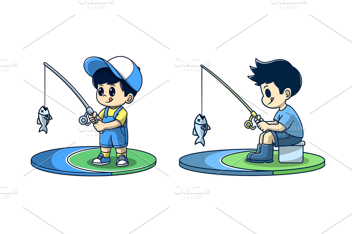cute boys fishing cartoon, a Person Illustration by garistipis (Photo 1 of 3)
