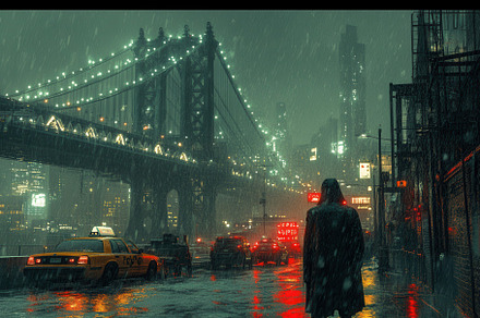 Nighttime rain in a vibrant city wit, a Photo by Tanuart