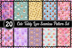 Cute Teddy Love Seamless Pattern Set