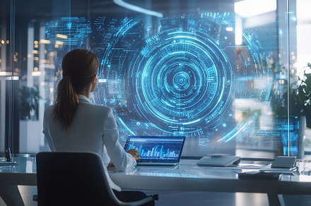 Businesswoman working with blue hologram interactive in the office, a Technology Photo by AlyaAnd