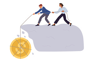 Businessman and woman hold gold coin, a Finance Illustration by Vectorbuum