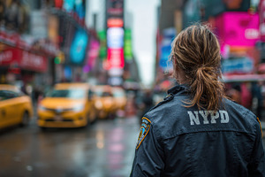 NYPD officer in Times Square rain, a Photo by Pixeness Studio