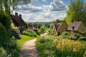 Old houses with road and spring nature in countryside, a Nature Photo by AlyaAnd