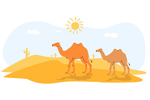 Camels walking on sand against, an Animal Illustration by Vectorbuum