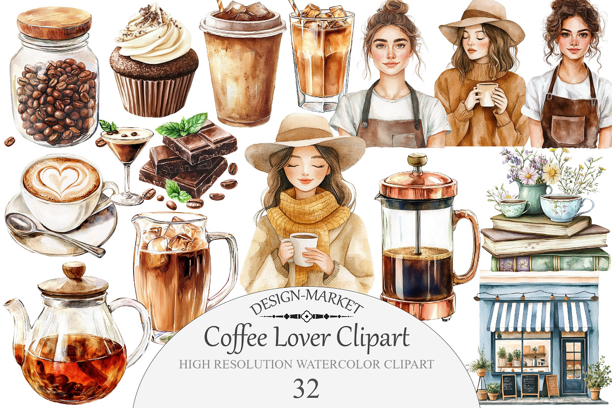 Watercolor Coffee Lover Clipart, an Illustration by Design Market (Photo 1 of 4)