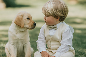 Toddler boy in suit vest and bow tie sitting on grass looking at, a Person Photo by Studio ANNA