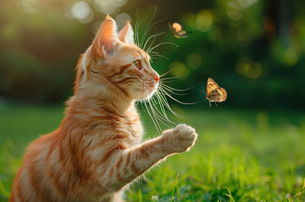 Redhaired cat playing with butterfly in the park, an Animal Photo by AlyaAnd