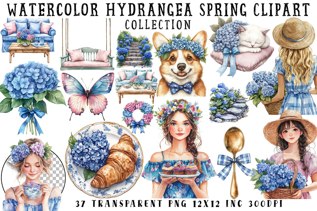 Watercolor Hydrangea Spring Clipart, an Illustration by OK Design (Photo 1 of 6)