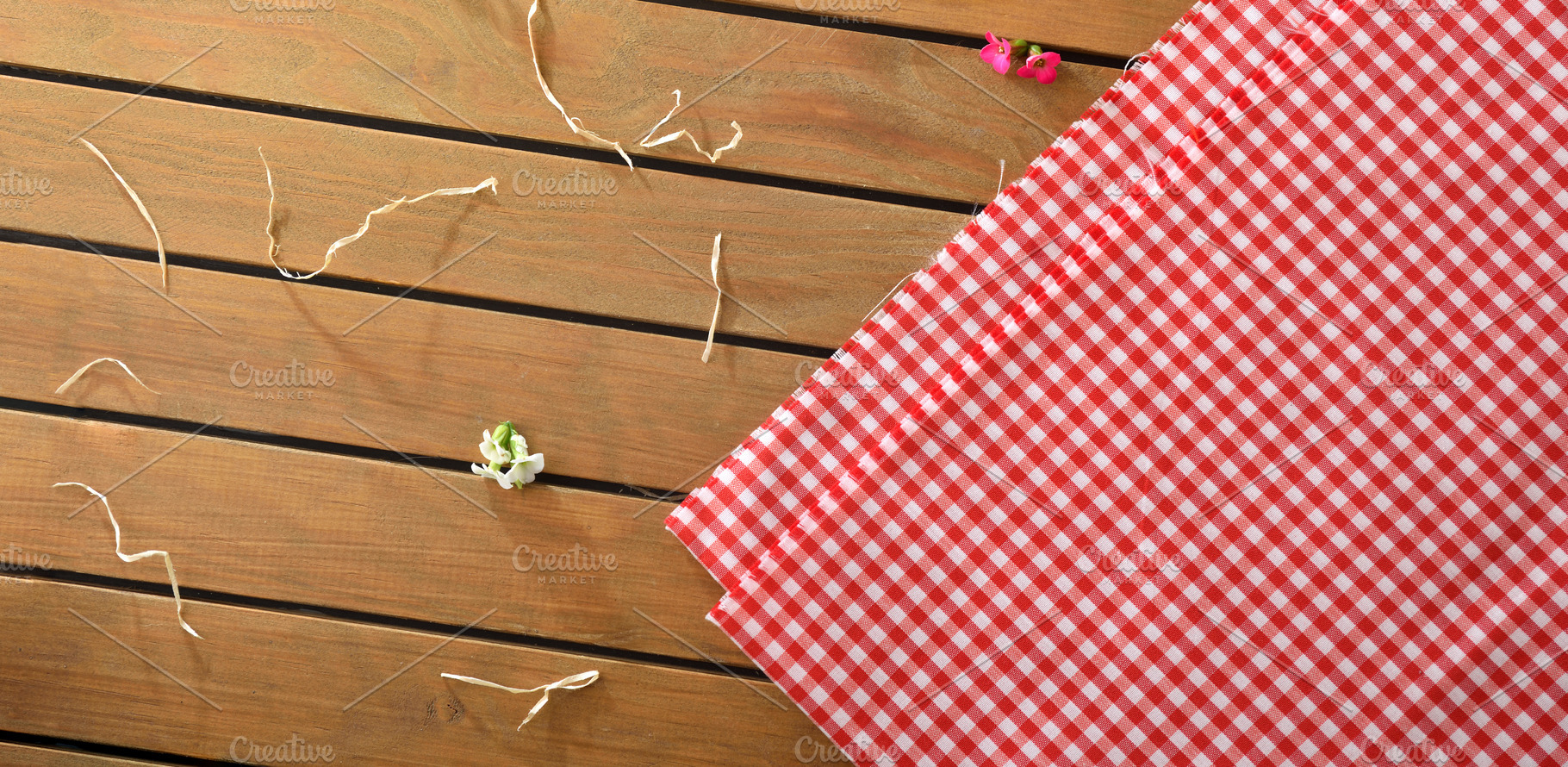 Red Gingham Picnic Cloth on Wooden Table, a Holiday Photo by Davizro's Market