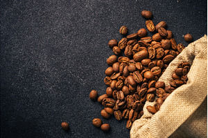 Roasted coffee beans in burlap bag., a Food & Drink Photo by Nadia-nb
