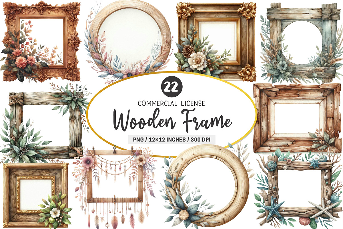 Wooden Frame Watercolor Clipart, an Illustration by SinaCreation (Photo 1 of 5)