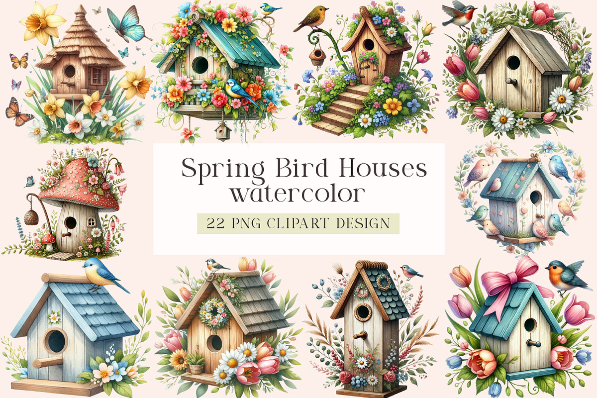 Watercolor Spring Bird Houses, a Seasonal Illustration by DreamArtGraphic (Photo 1 of 5)