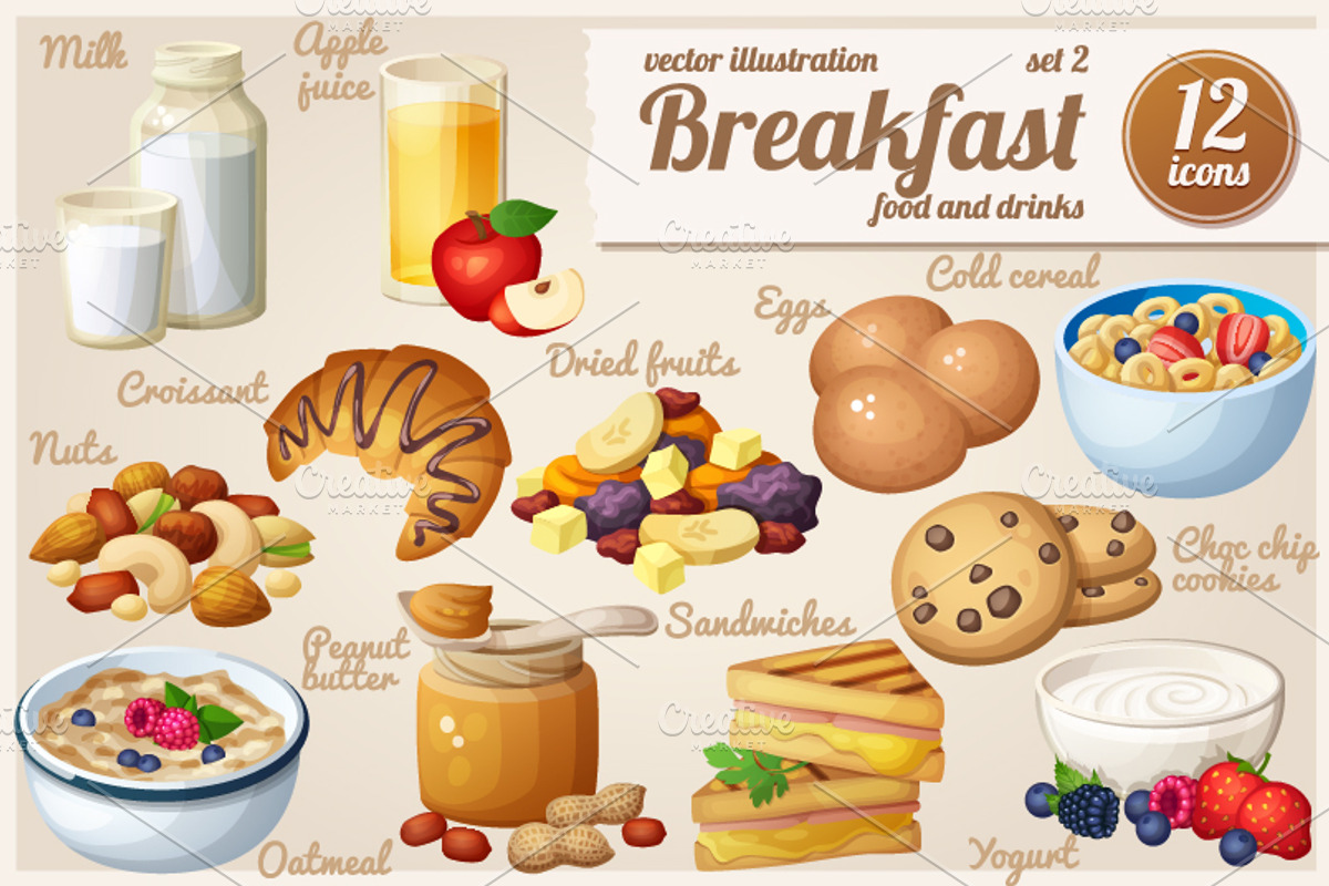 Breakfast: Cartoon vector food icons, an Object Graphic by Ann-zabella