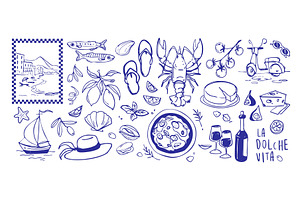 Amalfi coast doodle set in blue ink, an Illustration by art PVP - market