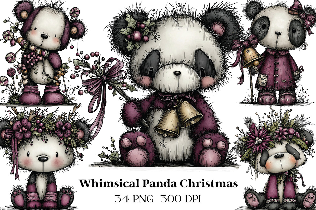 Whimsical Panda Christmas Clipart, an Illustration by CraftArtStudio (Photo 1 of 6)