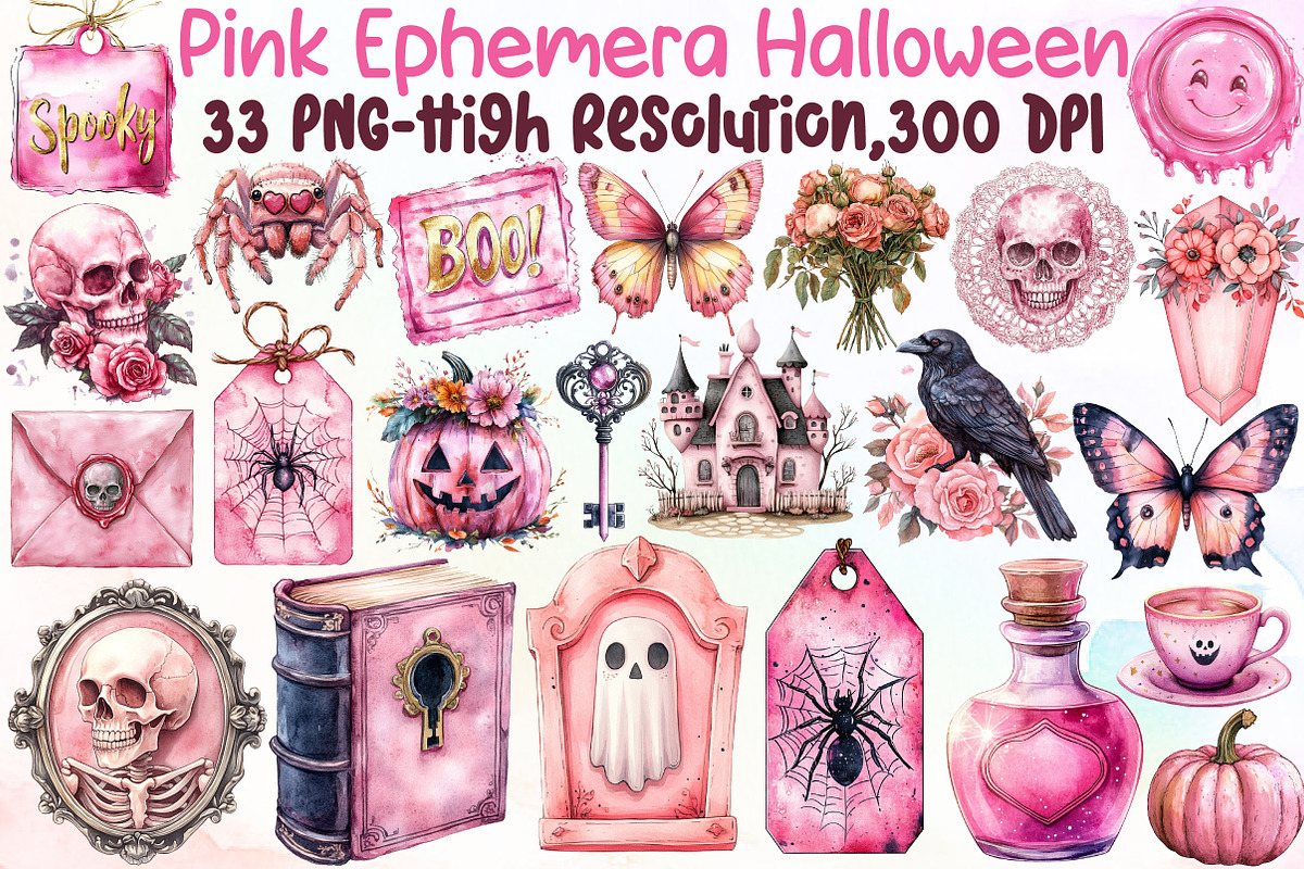Pink Ephemera Halloween Clipart, an Illustration by Sublimation Artist (Photo 1 of 6)