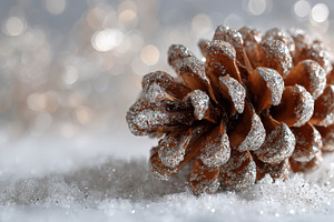 Snow covers pine cone on ground, a Photo by Beautiful things