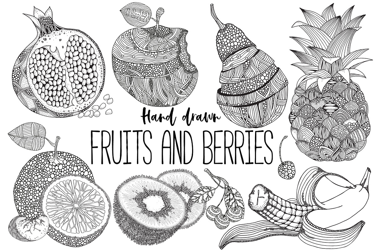 Fruits and berries - hand drawn set, a Decorative Illustration by ImHope (Photo 1 of 4)