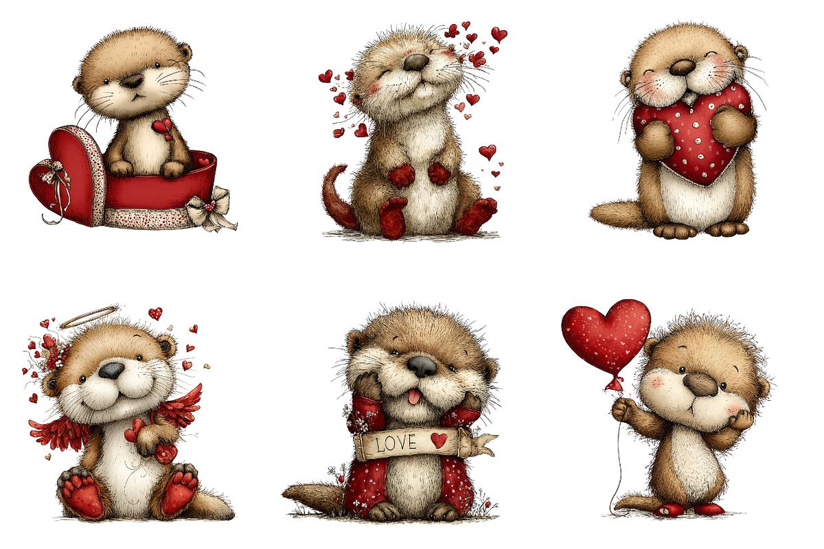 Quirky Valentine's Otters Clipart, an Illustration by Dream Creation (Photo 3 of 7)