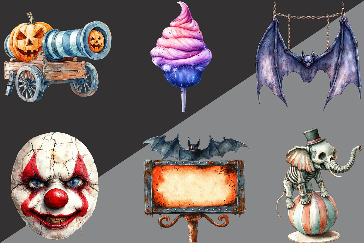 Watercolor Spooky Circus Clipart, an Illustration by Black Bird Studio (Photo 6 of 6)