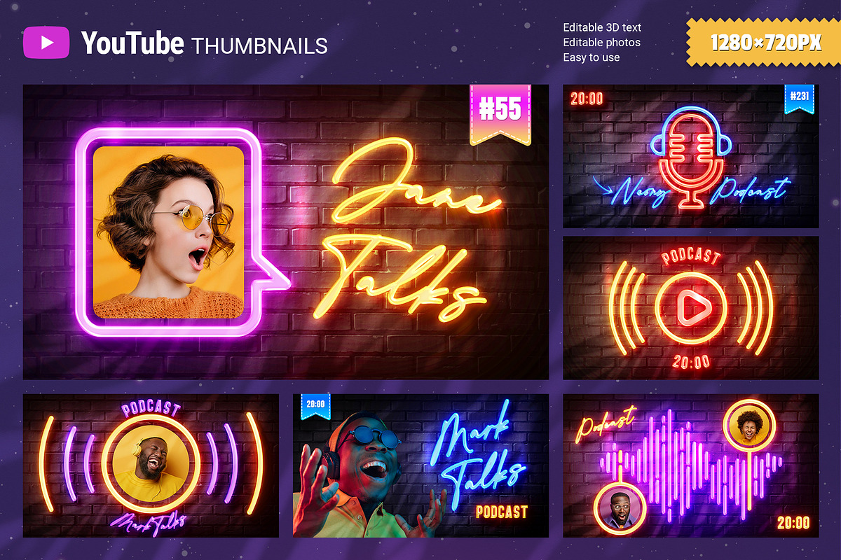 Neon Podcast YouTube Thumbnails, a Social Media Template by Andrew Skoch Design (Photo 1 of 7)