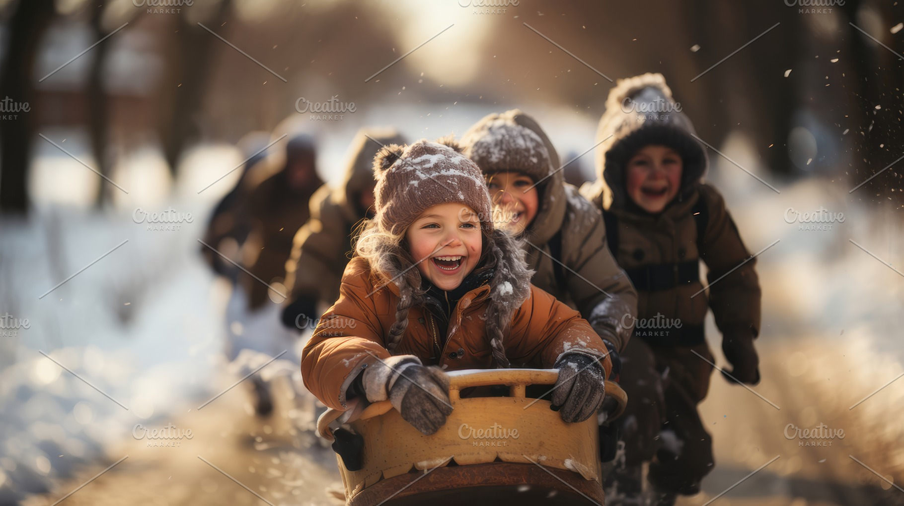 Group Of Children Laughing While Sledding In Winter Wonderland, a Photo by AS photostudio