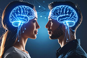 Two people facing each other with glowing brain icons connected, a School & Education Photo by DanFLCreativo