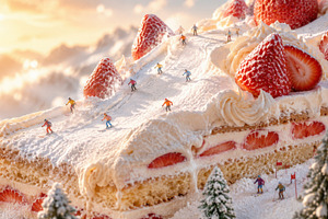 Mini skiers on a giant cake scene, a Photo by Beautiful things