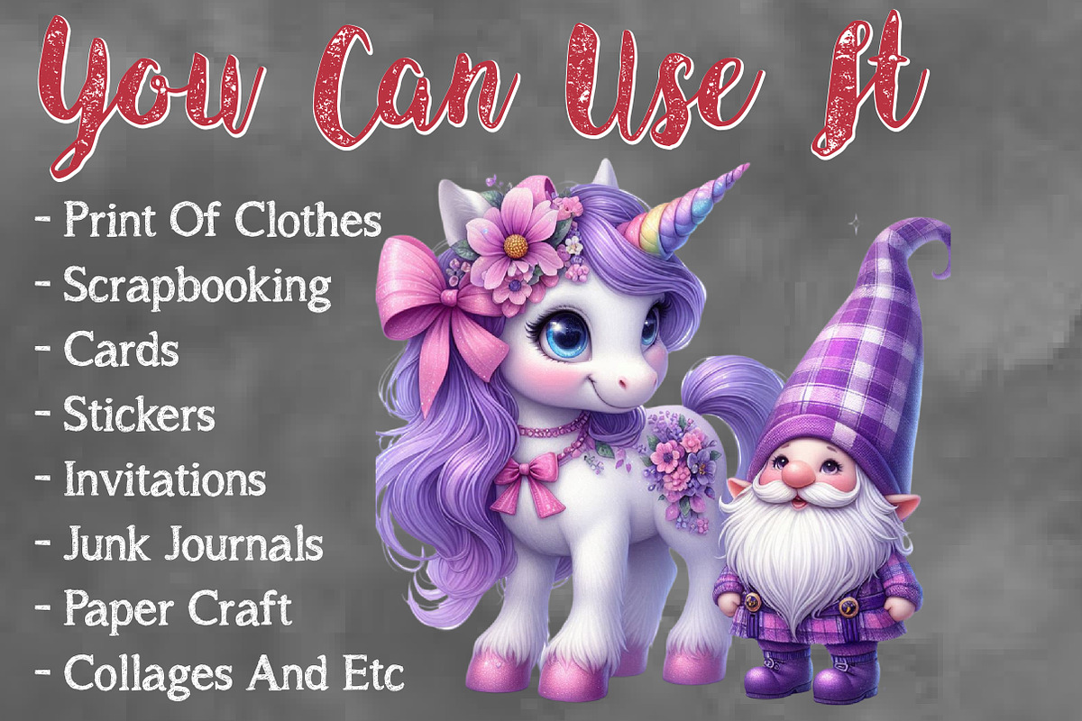 Watercolor Unicorn Gnome Clipart, a Seasonal Illustration by Craft Nest (Photo 3 of 6)
