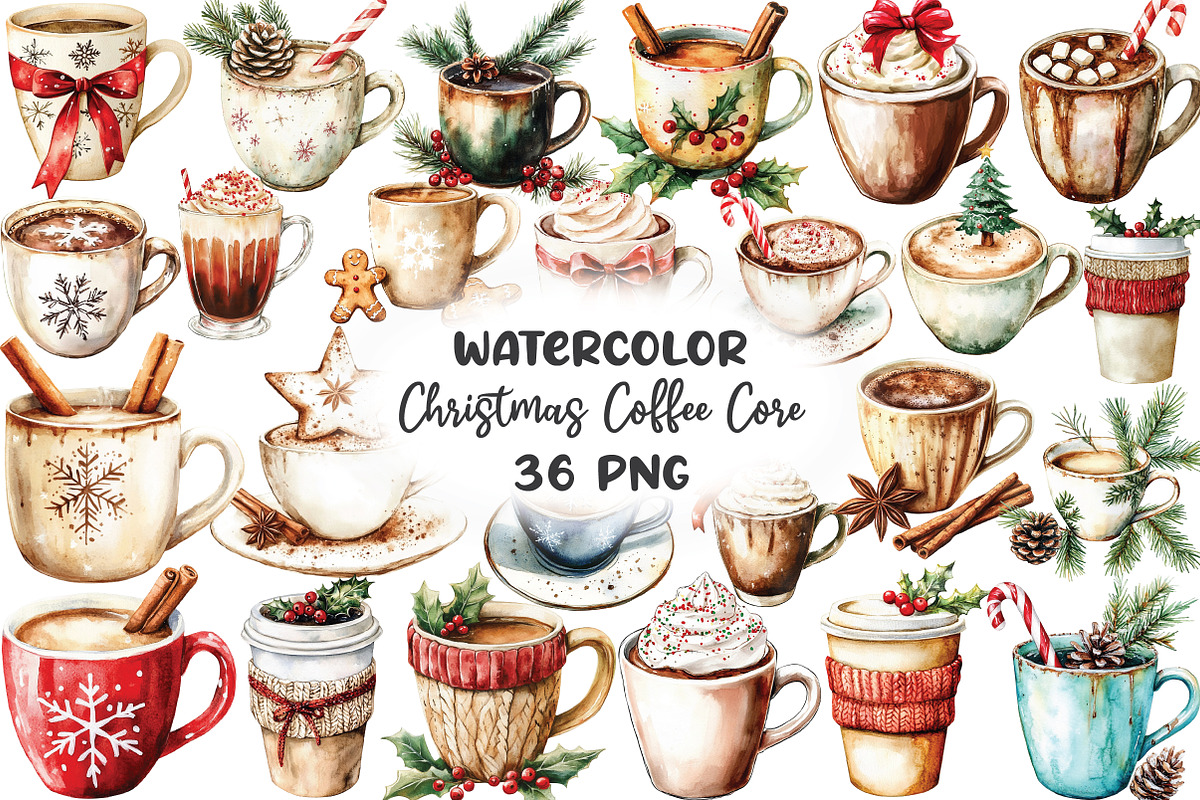 Watercolor Christmas Coffee Core PNG, a Work Illustration by CraftArtStudio (Photo 1 of 6)