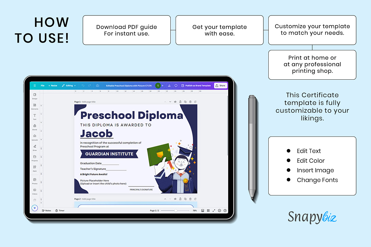 Preschool Graduation Diploma Canva, a Card Template by Snapybiz (Photo 7 of 7)