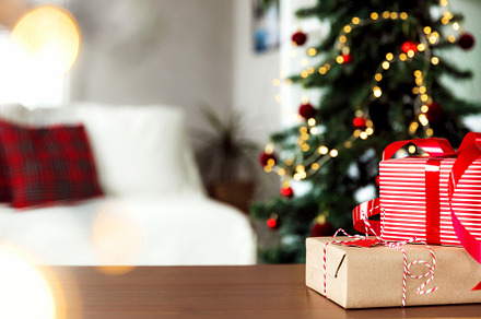 Christmas, New Year background. Empty wooden tabletop with bokeh fir tree, gift, a Holiday Photo by Lenor4ik