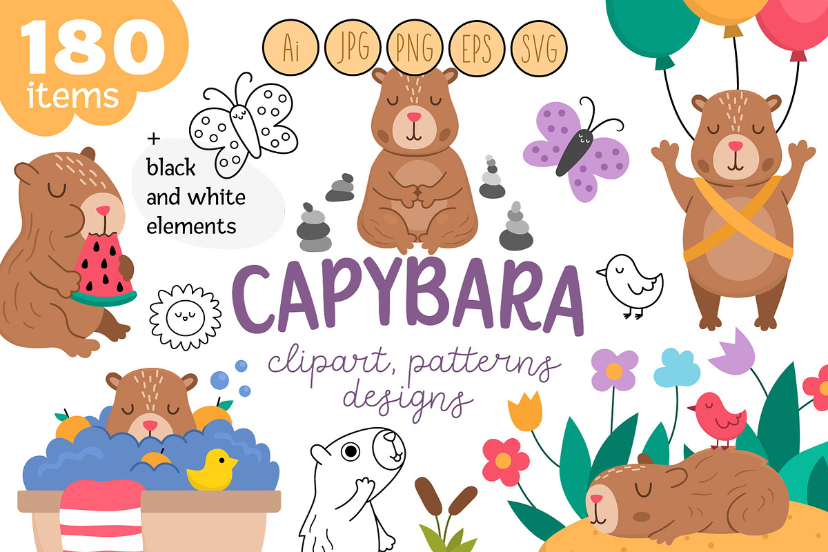 Capybara clipart, patterns, designs, an Animal Illustration by Lexi Claus (Photo 1 of 8)