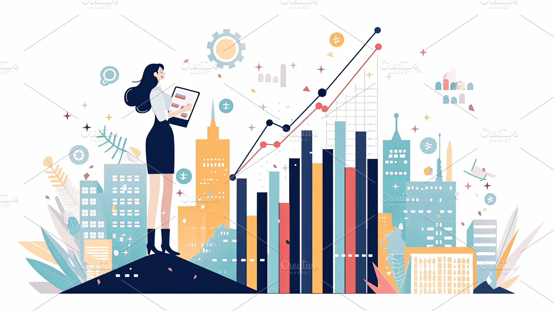 Woman analyzing financial growth data with cityscape and bar graph elements, a Photo by AS photostudio