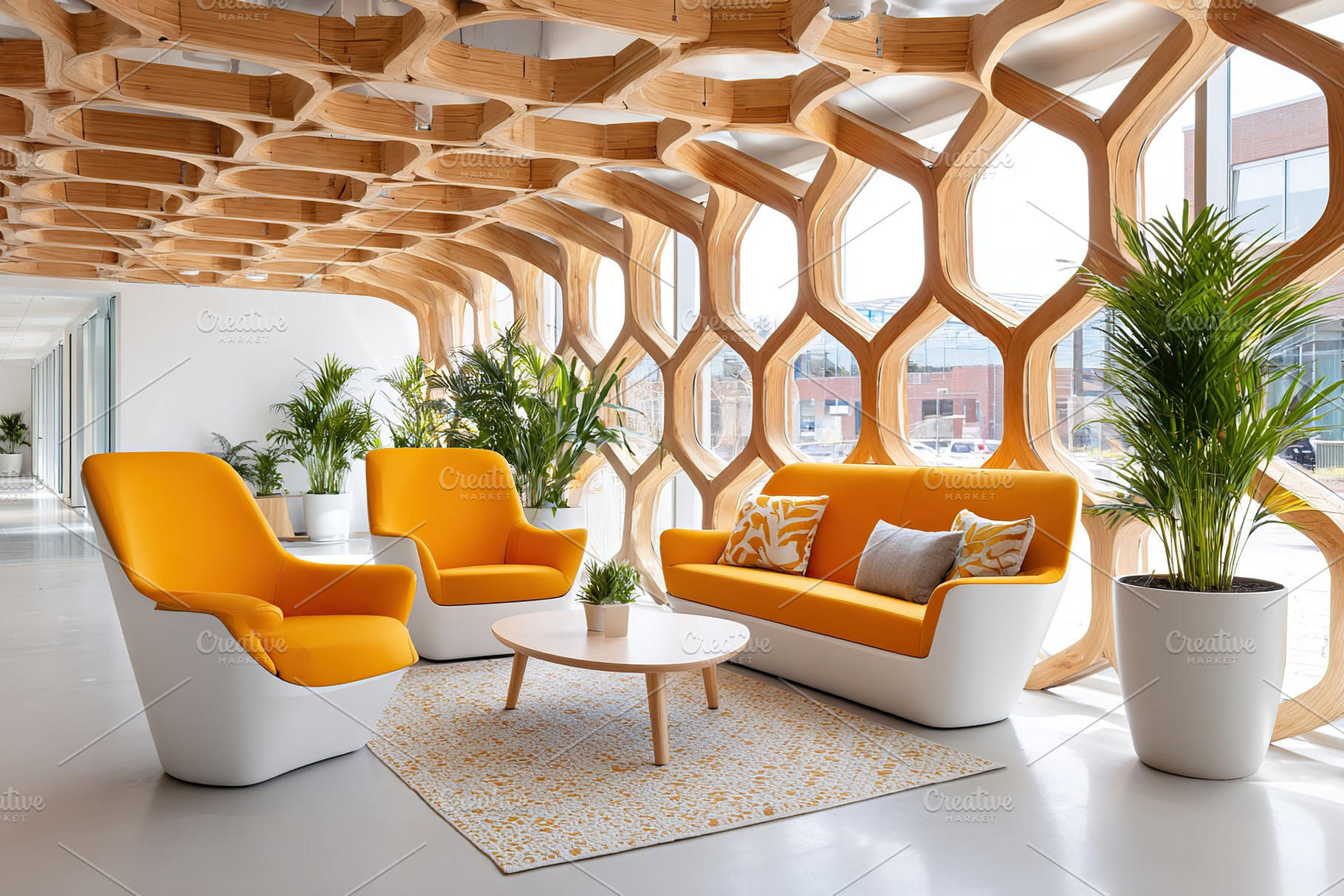 Cozy seating area in an innovative hub with modern design and organic elements, an Architecture Photo by AlyaAnd