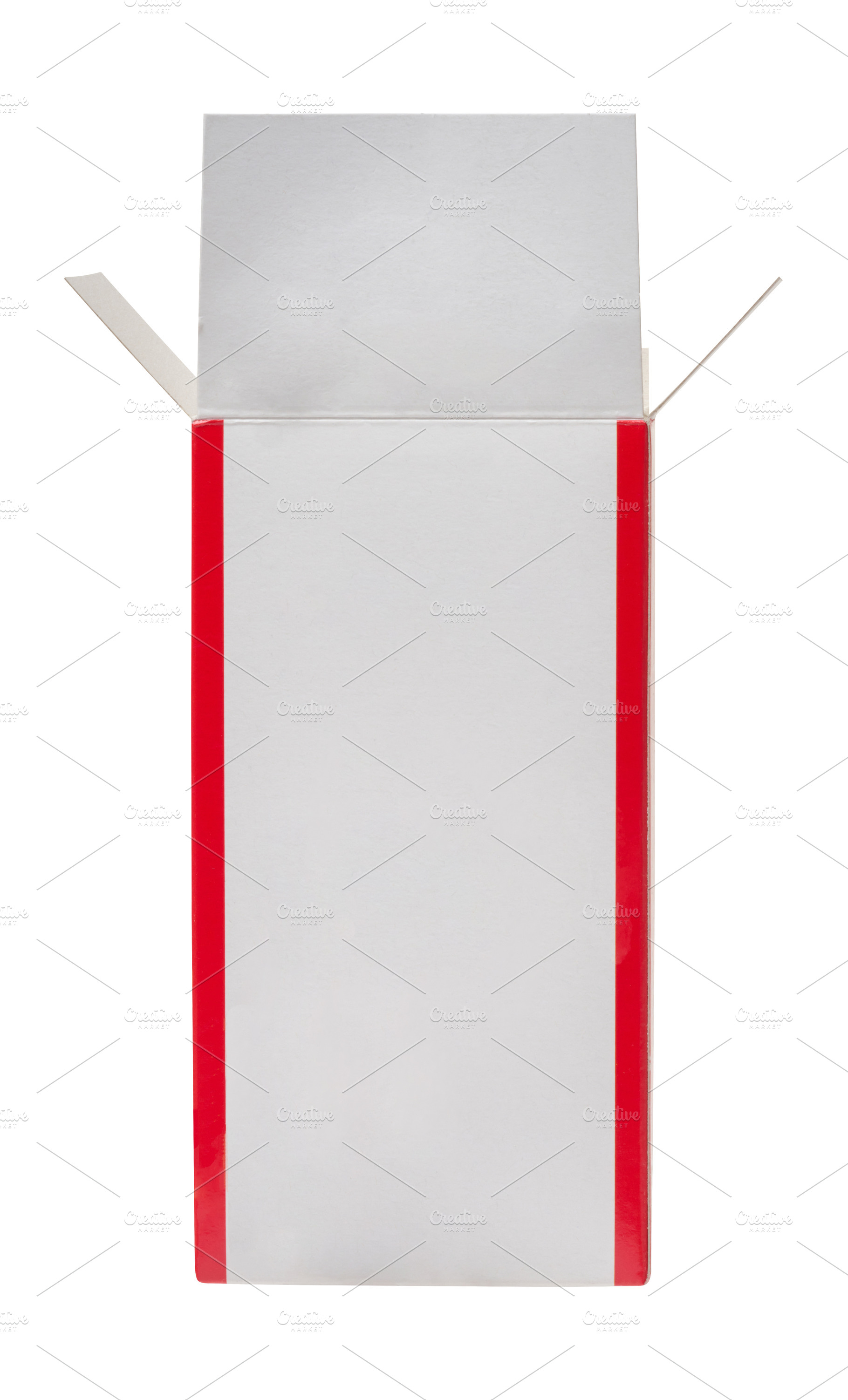 Open white cardboard box with red stripes on the sides, isolated, an Industrial Photo by ndanko