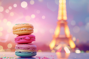 French tasty macarons on Eiffel Tower background