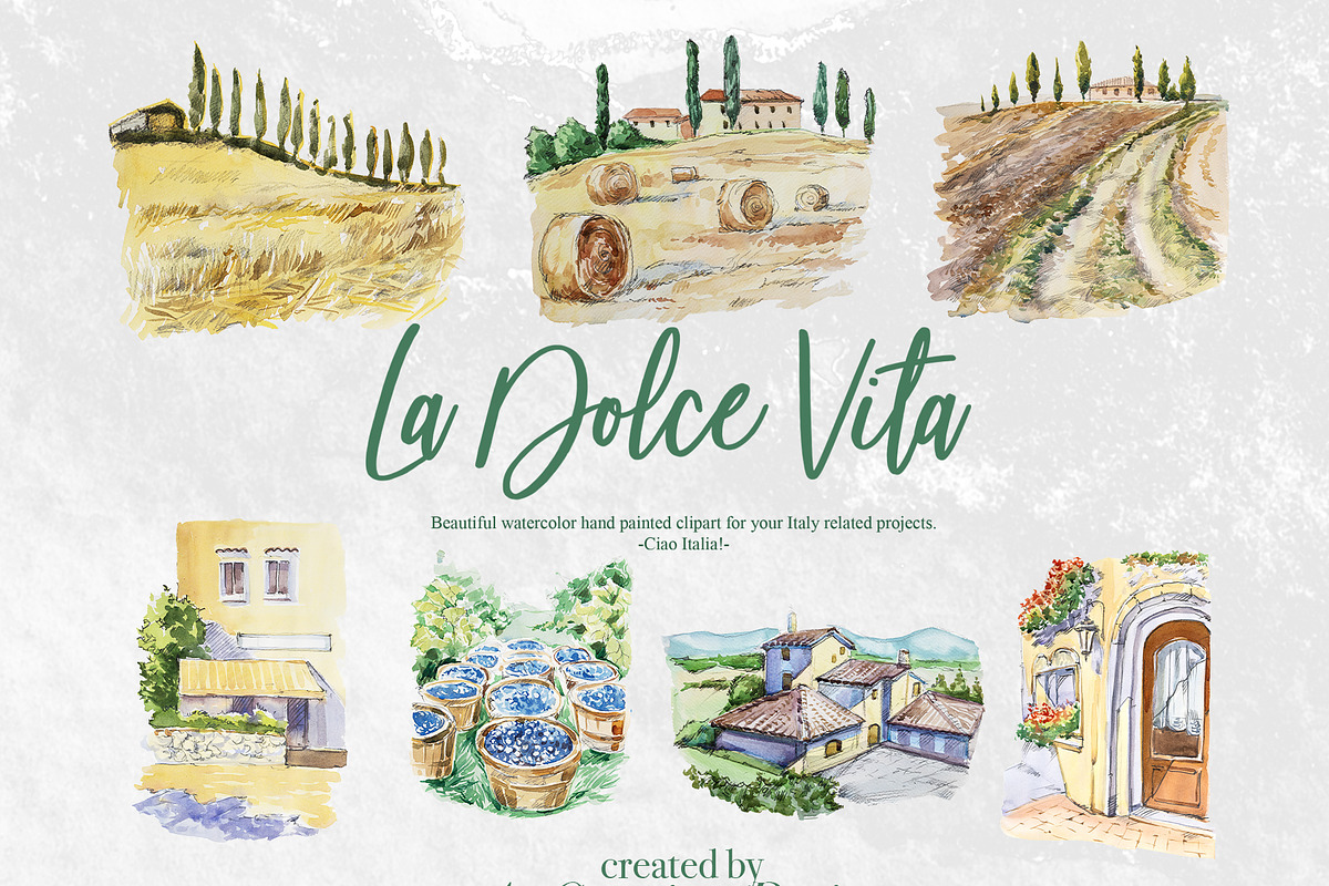 Watercolor La Dolce Vita Clipart, an Education Illustration by ArtCreationsDesign (Photo 3 of 12)