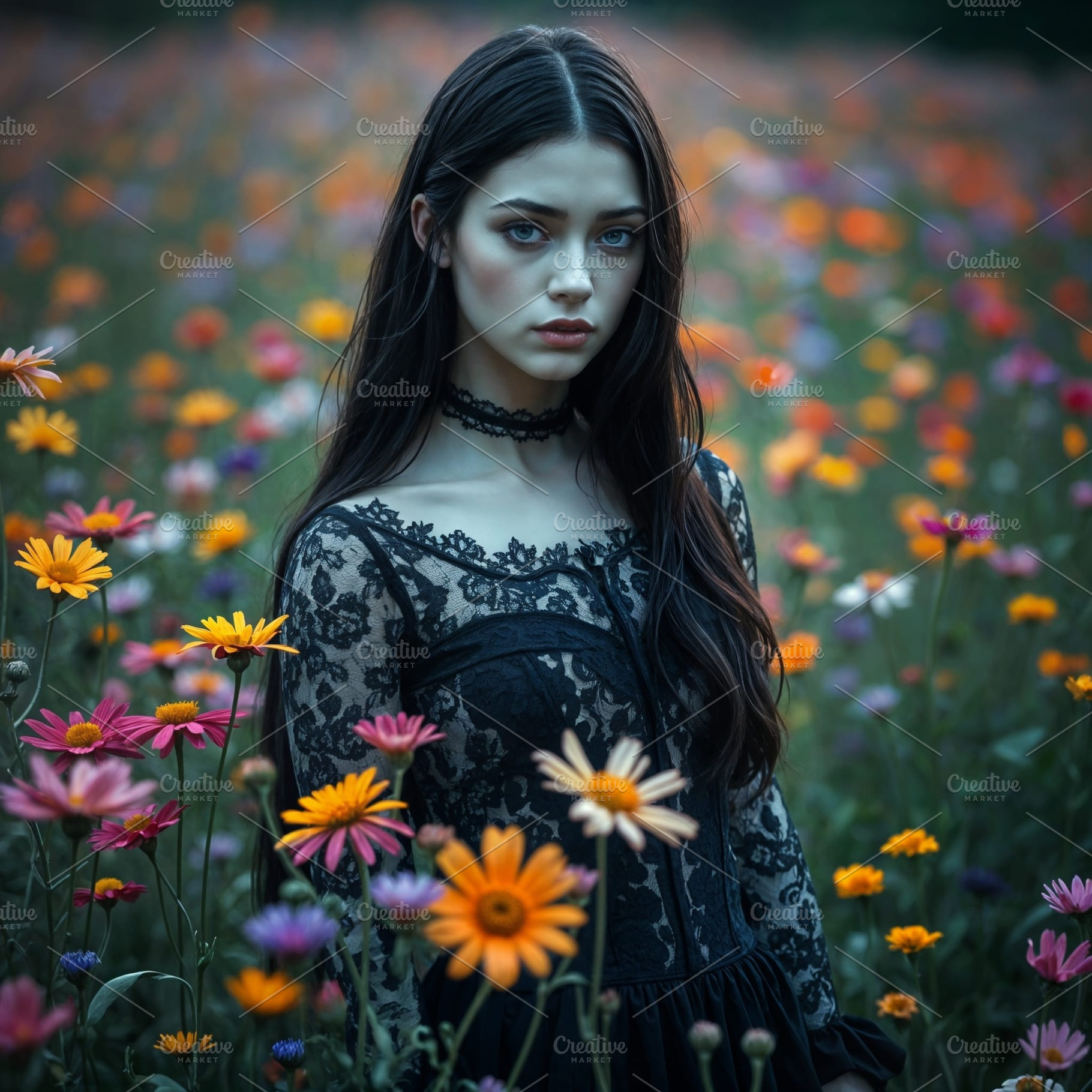 beautiful young goth woman amidst flowers AI generated, a Photo by WorldPhotos