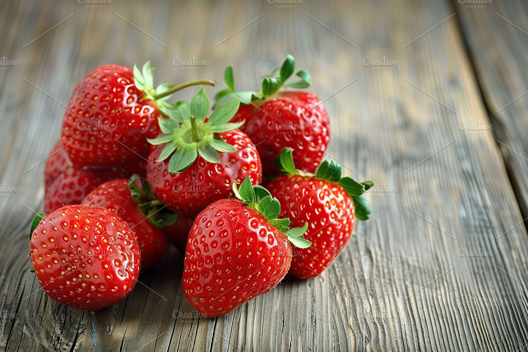 Red strawberries on wooden table, a Food & Drink Photo by AlyaAnd