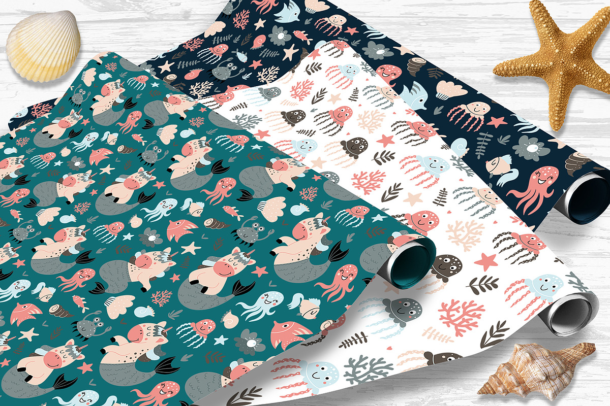 Mermaid-unicorn clipart and patterns, an Animal Illustration by rosypatterns (Photo 7 of 8)