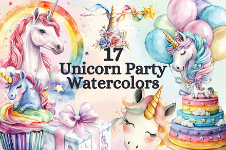 17 Unicorn B-Day Party Watercolors, an Animal Illustration by Loony Dream Designs