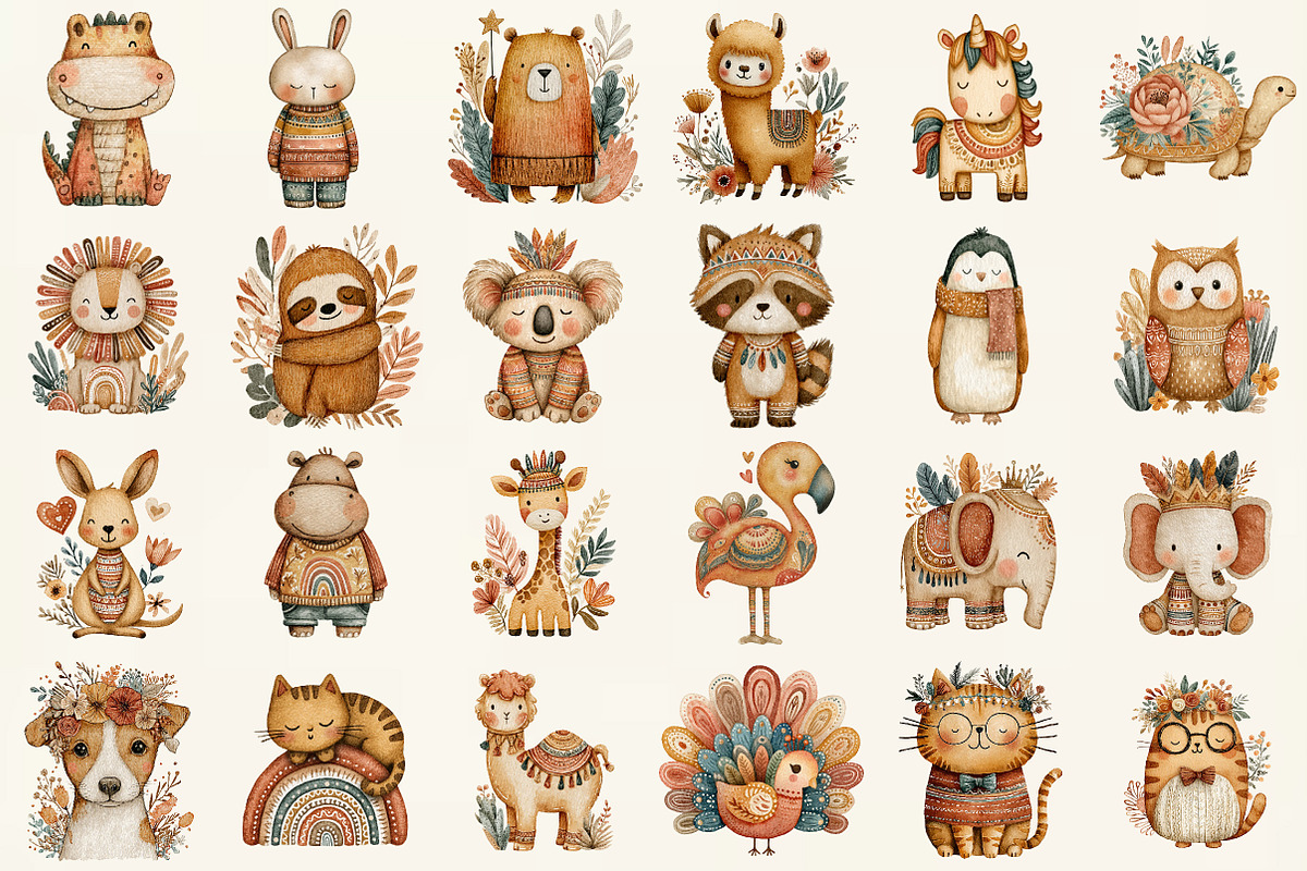 Watercolor Boho Animals Clipart, an Illustration by DreamCafeArt (Photo 2 of 6)