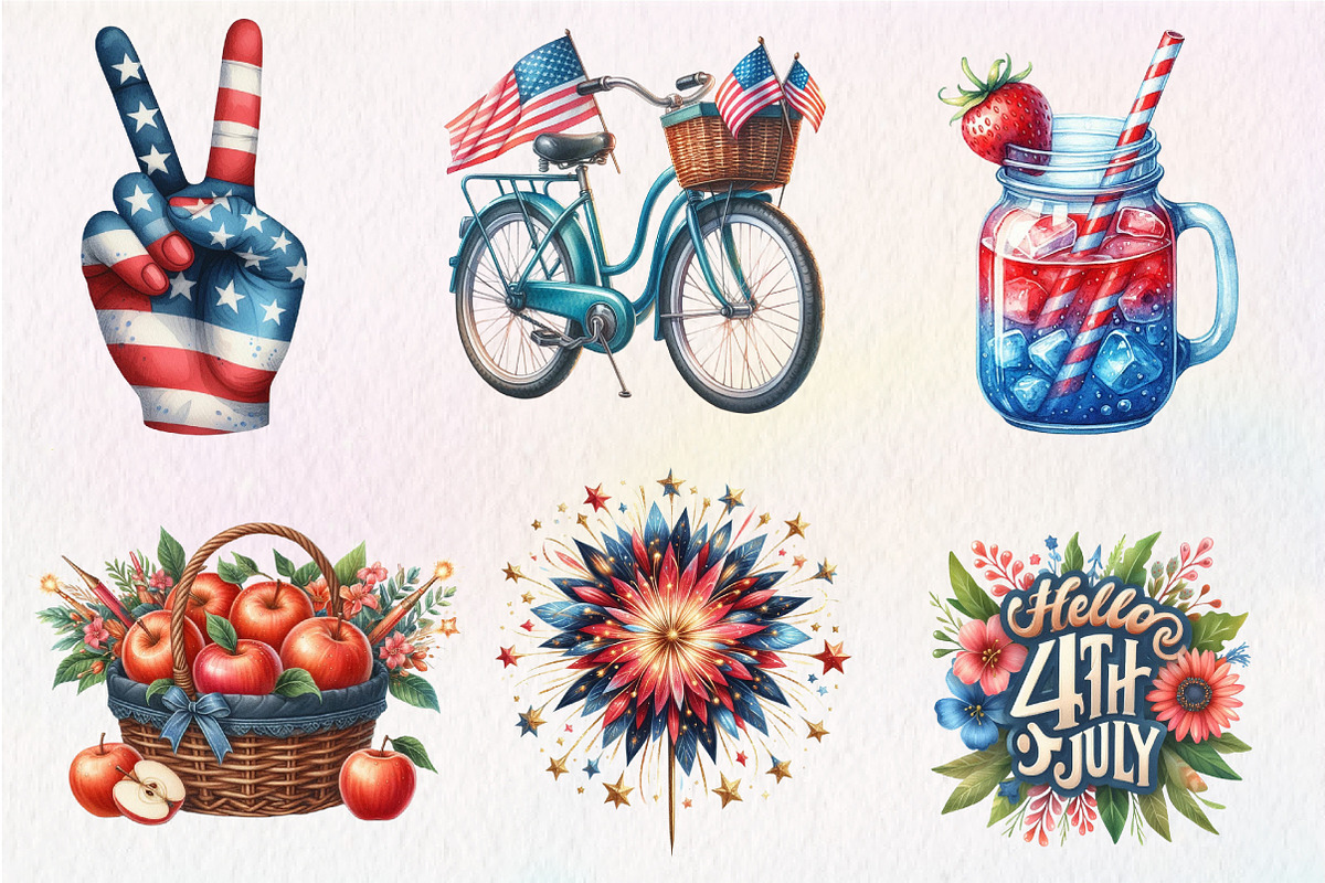 Hello 4th of July Watercolor Clipart, an Illustration by CreationArt (Photo 4 of 5)