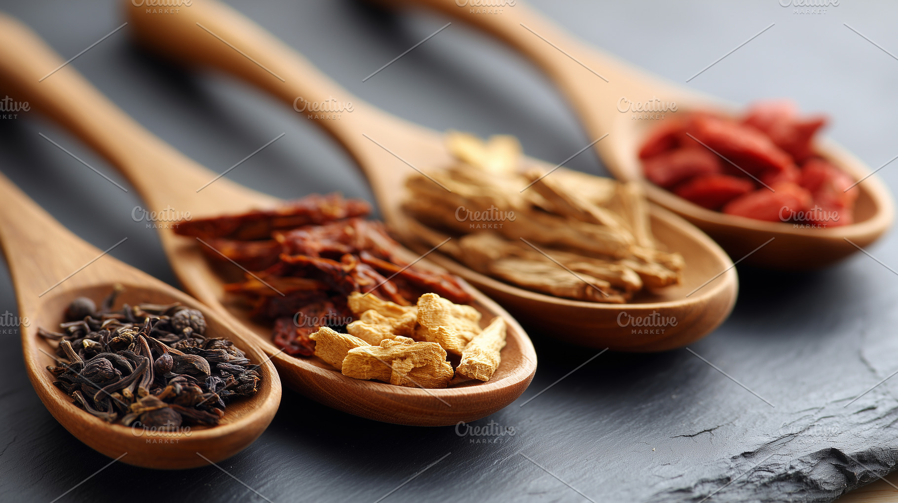 Assorted dried herbs, roots berries, a Food & Drink Photo by MistyDay