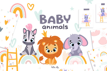 Baby animals and rainbow. clipart