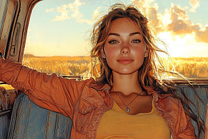 Young woman enjoying a drink in the back of a pickup truck, an Illustration by AS photostudio